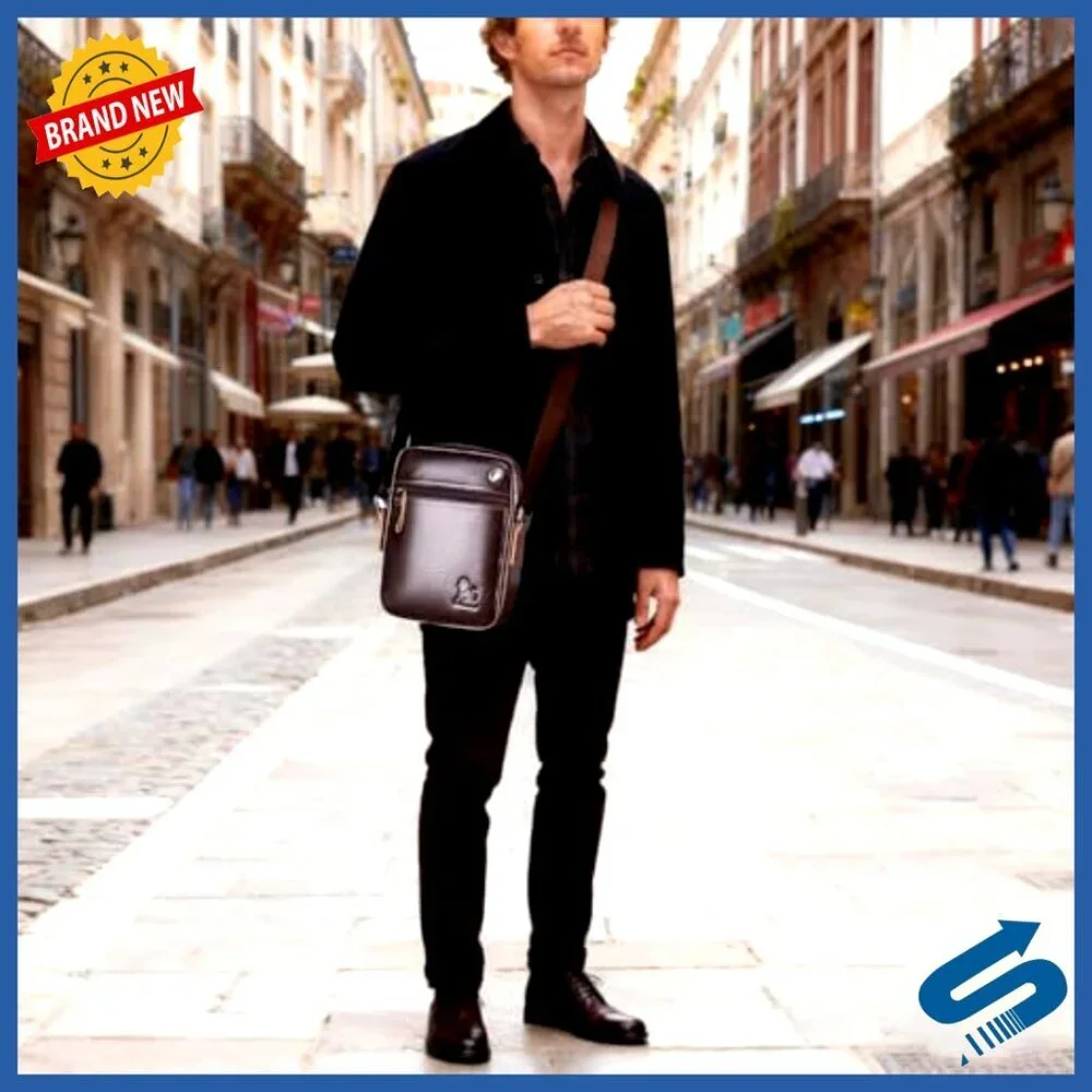Genuine Leather Men's Shoulder Bag Crossbody Adjustable Strap Multiple Pockets